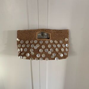 Straw JCrew clutch with pearl pailettes— cute bag for casual or going out
